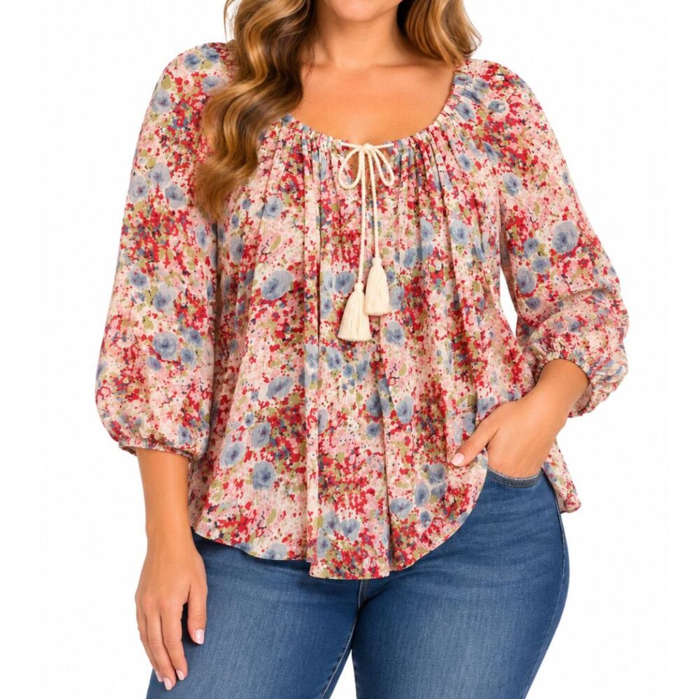Chaps Women’s Floral Tassel Tie Peasant Blouse | Petite Large